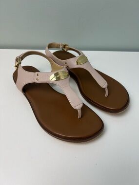 Michael Kors Pink Leather Gold Logo Thong Sandals Flip Flop T-Strap Size 7 M